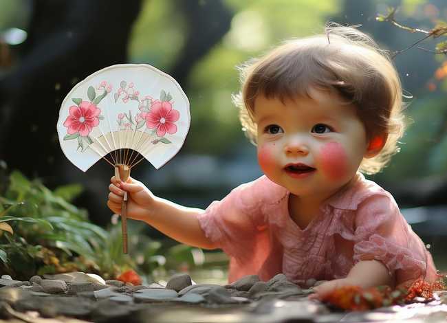 扇子画花儿童；扇子画花儿童图片