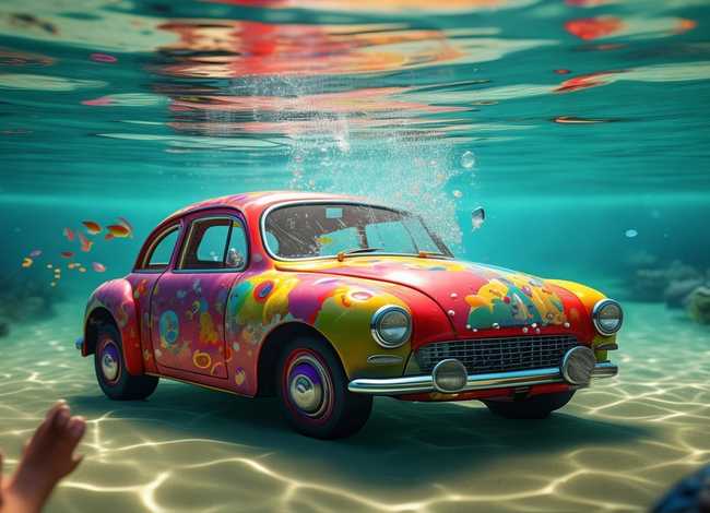 儿童故事小汽车掉入水里、儿童益智小汽车掉进水里会变色