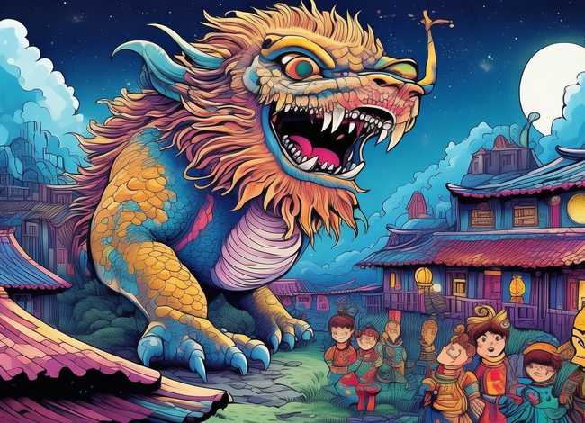 年兽的故事儿童插画，年兽的故事的图画