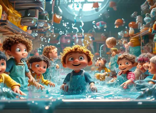 国外的儿童绘本；国外儿童绘本主人公在充满水的厨房