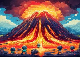 火山爆发儿童画、火山爆发为主题儿童画