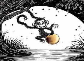 儿童故事猴子捞月简笔画、寓言故事猴子捞月简笔画