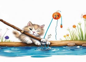 连环画儿童故事小猫钓鱼；连环画4张故事简笔画 小猫钓鱼