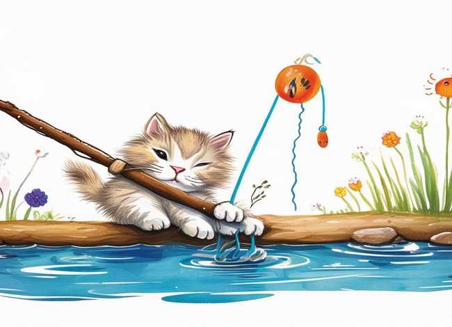 连环画儿童故事小猫钓鱼；连环画4张故事简笔画 小猫钓鱼