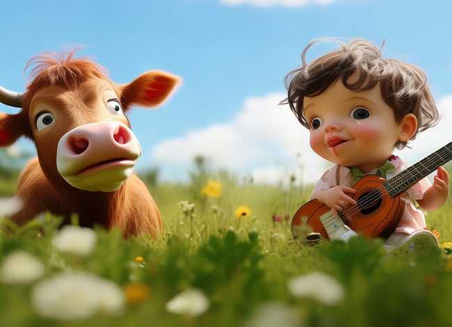 儿童故事对牛弹琴ppt背景图；对牛弹琴幼儿故事
