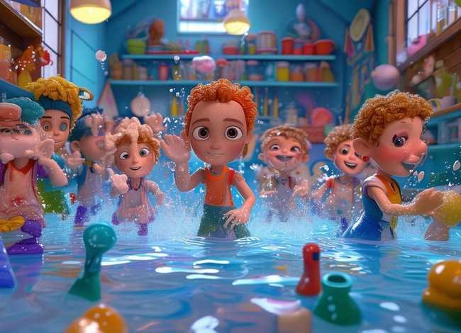 国外的儿童绘本；国外儿童绘本主人公在充满水的厨房