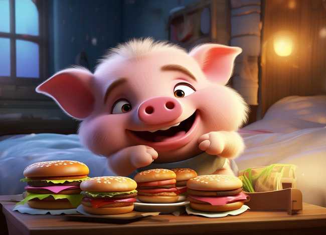 儿童睡前故事小猪吃汉堡的故事、爱吃的小猪睡前故事