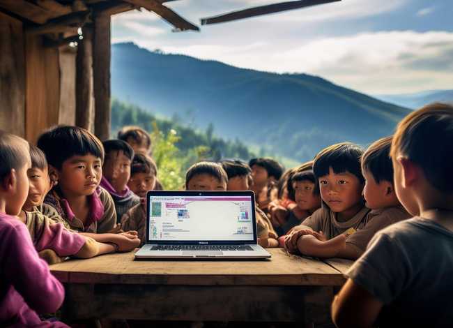 山区儿童蹭网图 - 山区孩子上网课图片