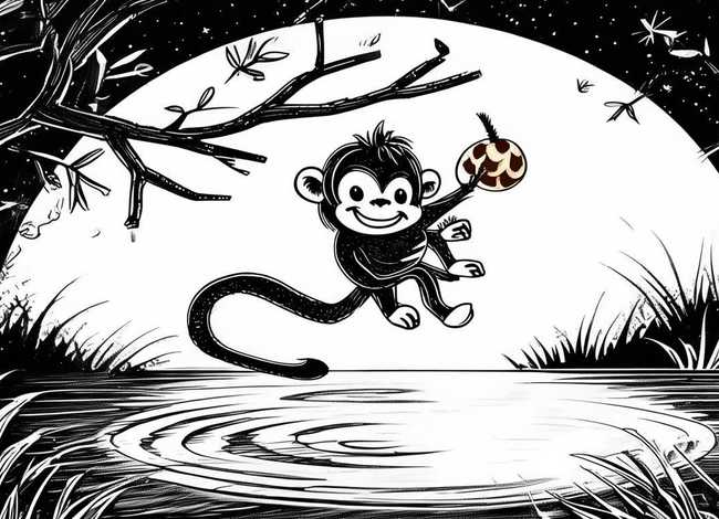 儿童故事猴子捞月简笔画、寓言故事猴子捞月简笔画