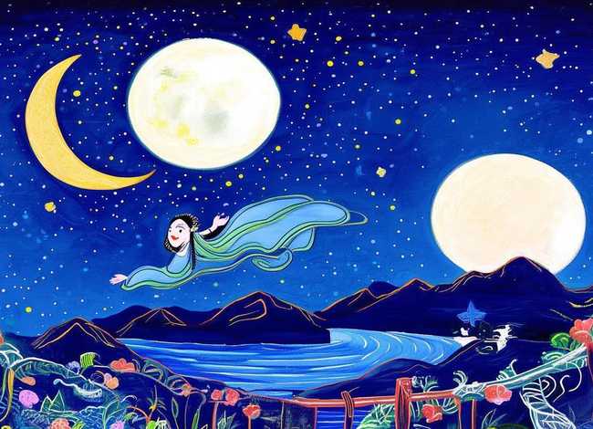 嫦娥奔月儿童画作品大全、嫦娥奔月儿童绘画作品