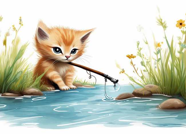 连环画儿童故事小猫钓鱼；连环画4张故事简笔画 小猫钓鱼