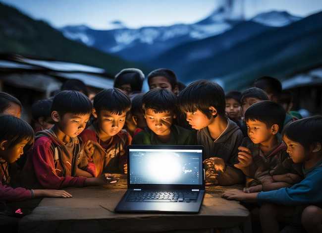 山区儿童蹭网图 - 山区孩子上网课图片