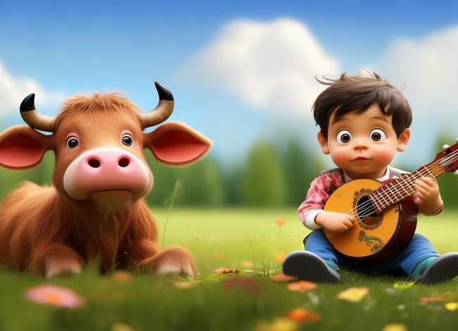 儿童故事对牛弹琴ppt背景图；对牛弹琴幼儿故事