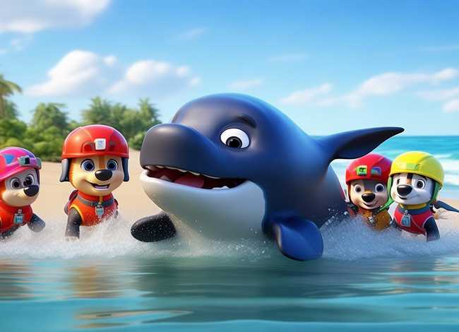 汪汪队救援小鲸鱼的儿童故事、汪汪队游上岸的小鲸鱼故事