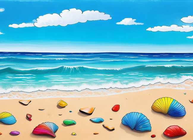 大海沙滩贝壳儿童画，儿童画大海沙滩贝壳简笔画