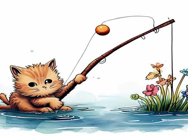 连环画儿童故事小猫钓鱼；连环画4张故事简笔画 小猫钓鱼