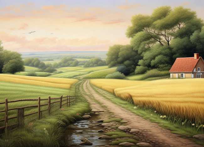 乡村田园风景绘画、乡村田园风景绘画图片