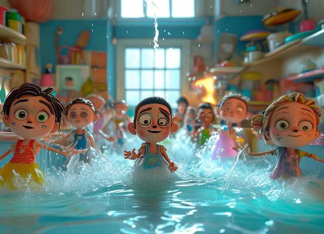 国外的儿童绘本；国外儿童绘本主人公在充满水的厨房