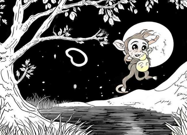 儿童故事猴子捞月简笔画、寓言故事猴子捞月简笔画