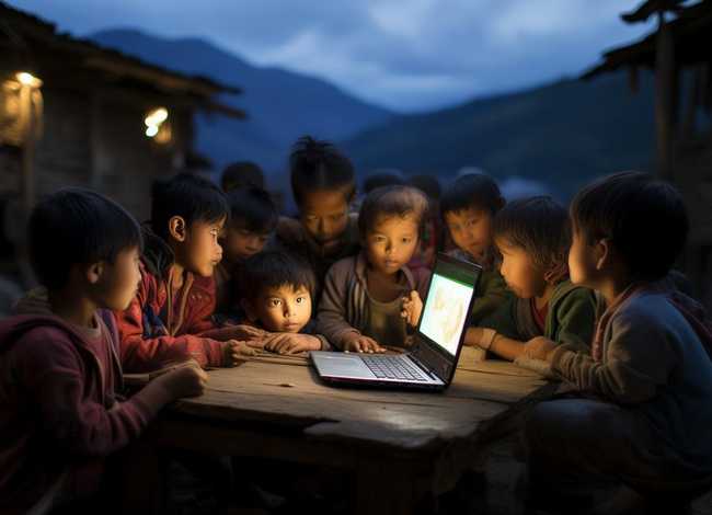 山区儿童蹭网图 - 山区孩子上网课图片