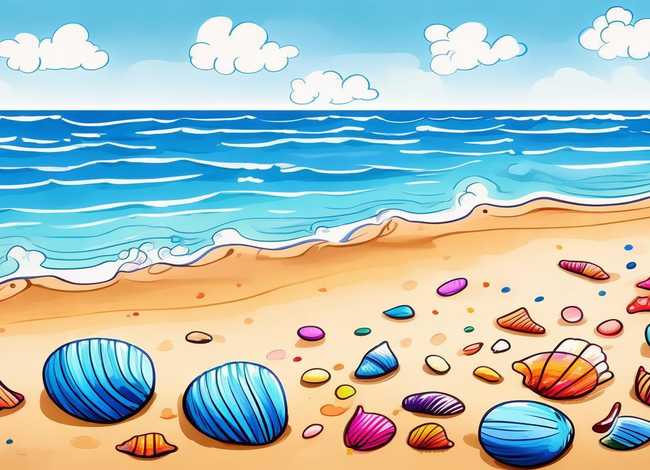 大海沙滩贝壳儿童画，儿童画大海沙滩贝壳简笔画