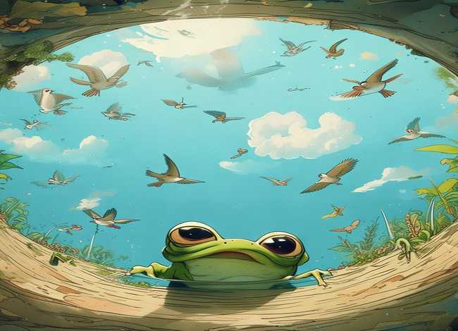 成语故事儿童画井底之蛙，井底之蛙成语故事插画