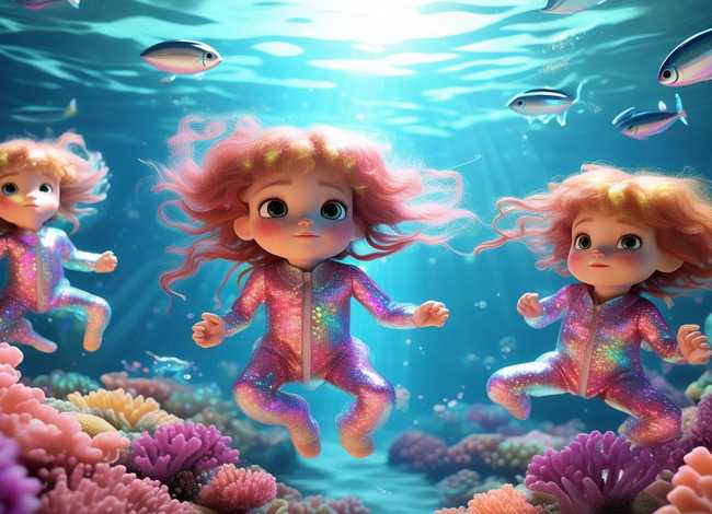 海底儿童画 - 海底儿童画三个人