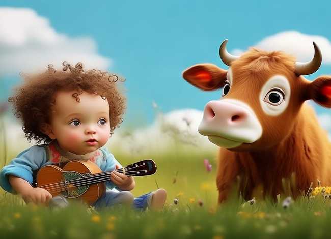 儿童故事对牛弹琴ppt背景图；对牛弹琴幼儿故事