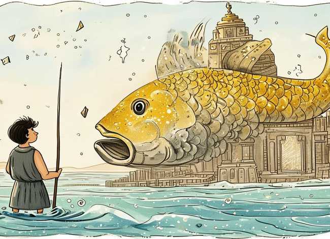 渔夫和金鱼的故事英文版；渔夫和金鱼的故事英文版并配有简笔画插图