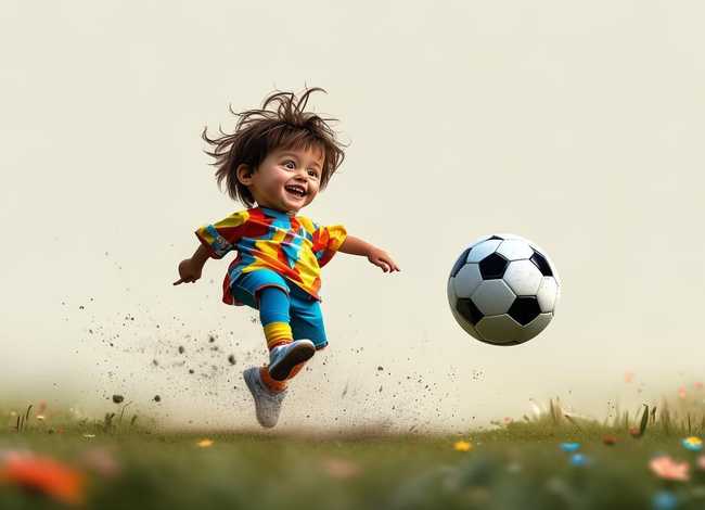 儿童踢球简笔画；儿童画踢足球简笔画