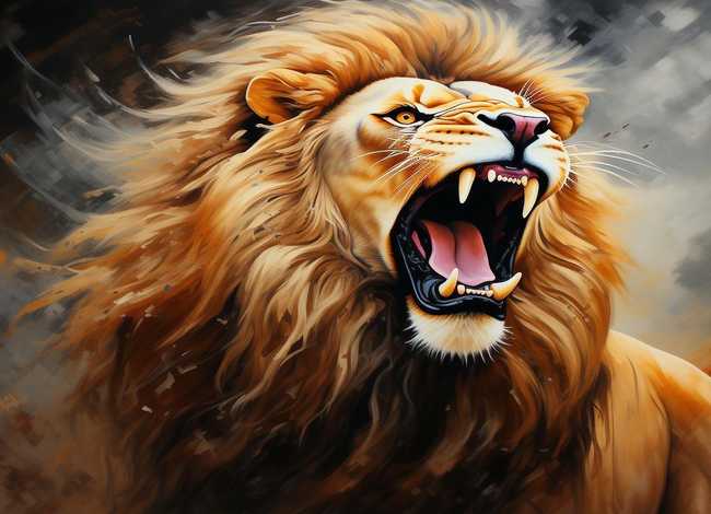 狮吼绘画；油画狮吼