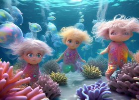 海底儿童画 - 海底儿童画三个人