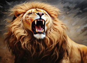 狮吼绘画；油画狮吼
