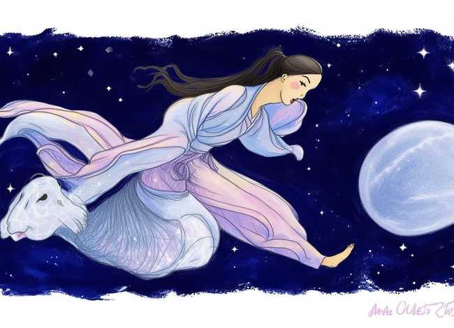 神话故事儿童画嫦娥奔月；中国神话故事嫦娥奔月手抄报,四年级,简笔画