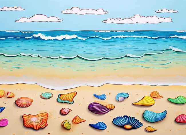 大海沙滩贝壳儿童画，儿童画大海沙滩贝壳简笔画