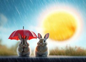 两只小兔子打一把伞躲雨的屏保；一只小兔子打着一把伞天上出了很大的太阳看