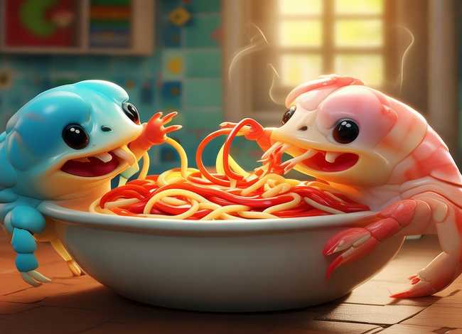 中班看图讲故事，中班看图讲故事小蟹和小虾吃面条