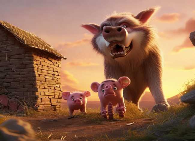 屋顶上的故事看图说话；三只小猪与一只狼的故事