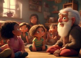 儿童故事会看图写话；看图写话几个小朋友听爷爷讲故事