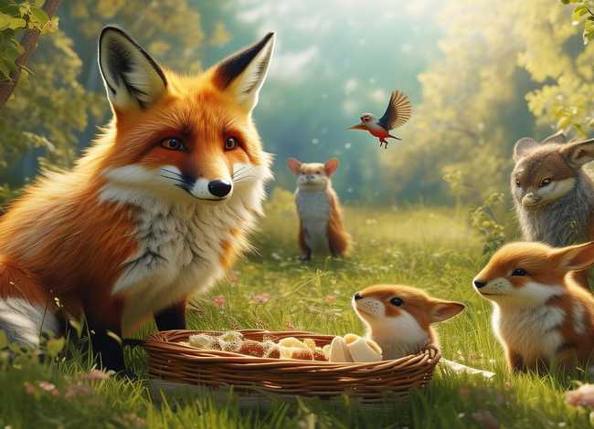 绘本故事狼先生去野餐完整故事；用狐狸, 小白兔,小燕子,狼,编一个四年级的故事