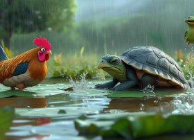 下雨天关于鸡的故事（在一个下雨天,公鸡,乌龟,青蛙在雨中……的一篇看图童话