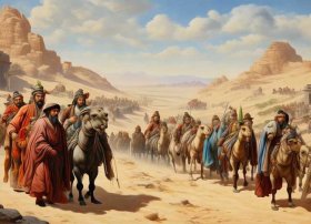 古代故事绘画图片；敦煌莫高窟323窟-《张骞出使西域图》-初唐