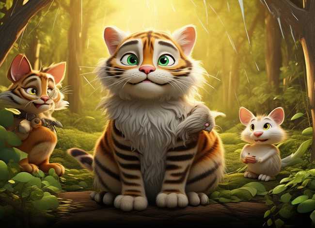 儿童动物故事大全300字 - 用森林、老猫、老鼠、老虎、小鸟编一篇童话故事300字