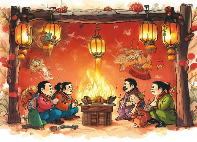 除夕故事绘本图片；关于春节来历的绘本故事熬年守岁和年兽的传说ppt版