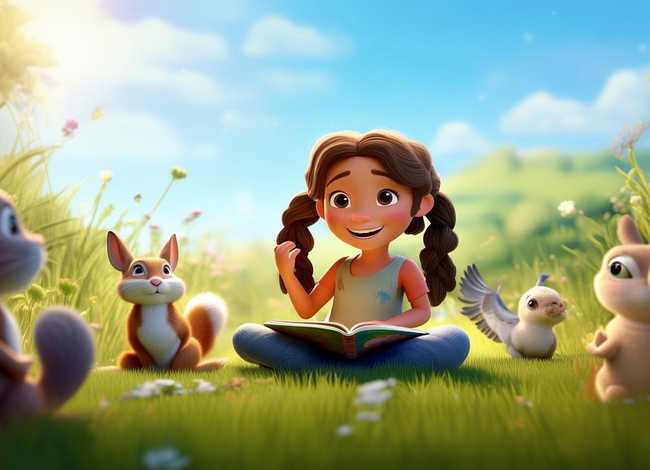 儿童看图说故事，看图写话一年级小女孩坐在草坪上给动物们讲故事