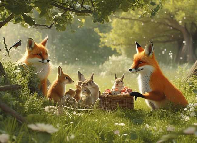 绘本故事狼先生去野餐完整故事；用狐狸, 小白兔,小燕子,狼,编一个四年级的故事