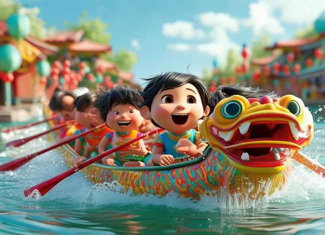 赛龙舟儿童画作品（端午节龙舟简笔画简单）