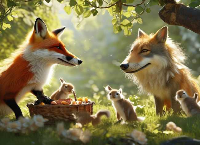 绘本故事狼先生去野餐完整故事；用狐狸, 小白兔,小燕子,狼,编一个四年级的故事