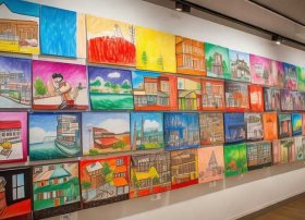 儿童家乡变迁范画、儿童画展要开幕了,要使蜡笔画的数量