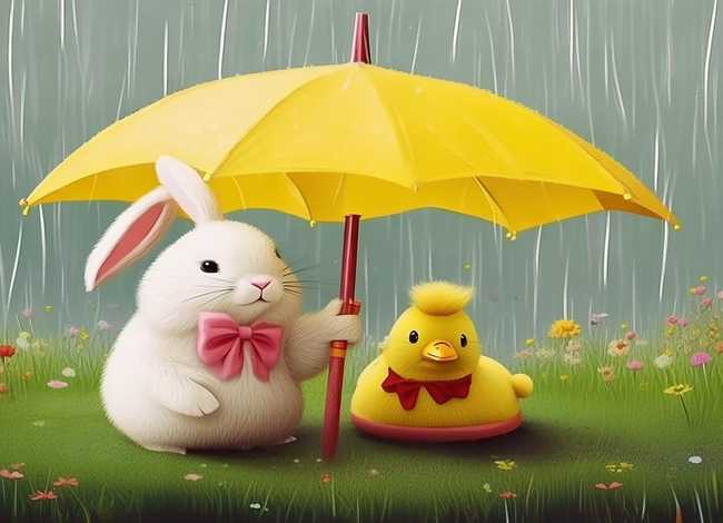 儿童故事下雨天的小兔子 看图写话小兔子为鸭子和小鸡撑伞